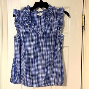 Cute top - runs a tad short. Royal blue and white checkered print.